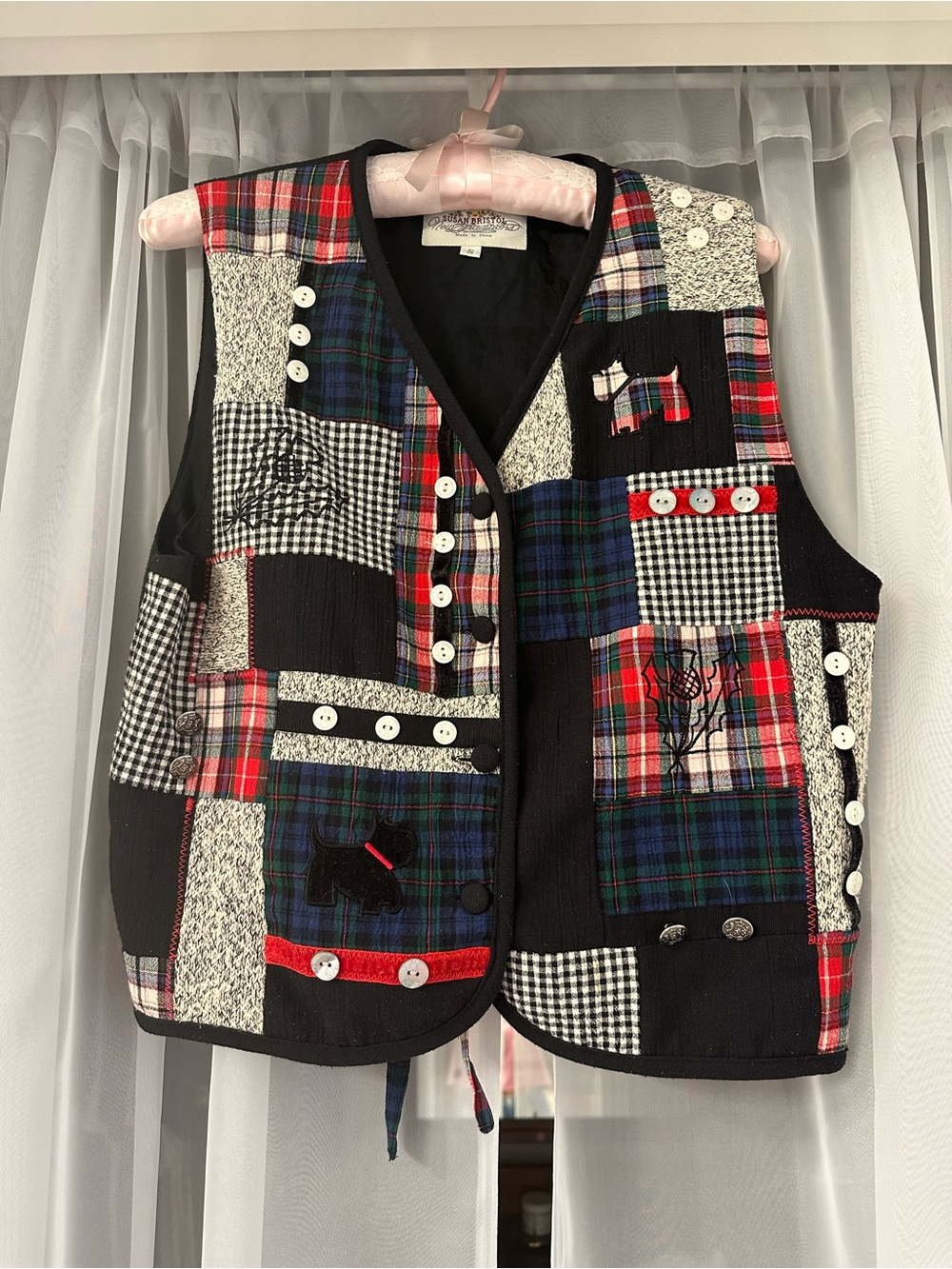 Susan Bristol Patchwork Plaid Vest Scottish Dogs